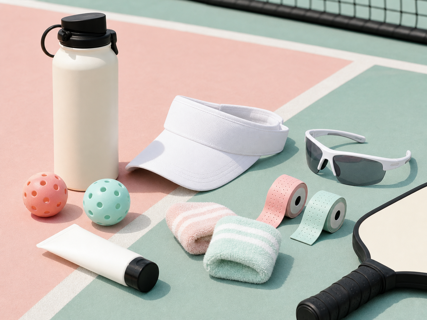 Water bottle visor sunglasses grip tape and sunscreen product placement