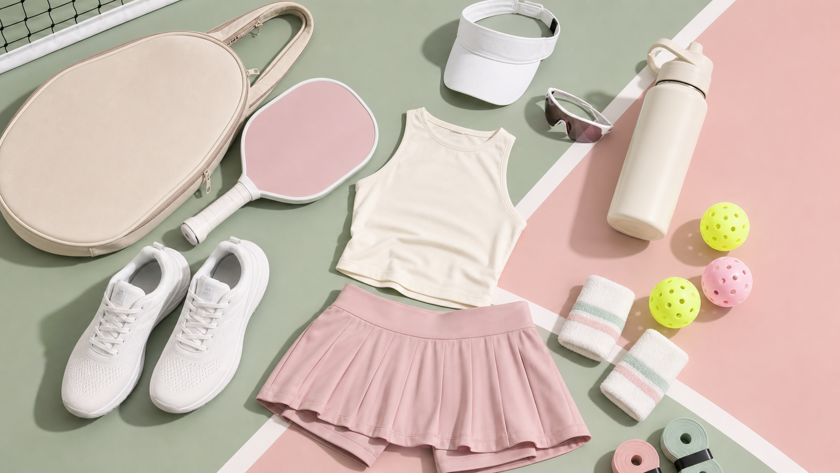 Flat lay of pickleball court outfit products